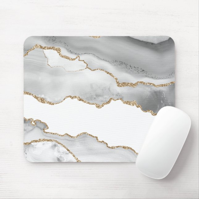 Mousepad Cinza Branco Agato de mármore - brilhante Ouro ref (Com mouse)