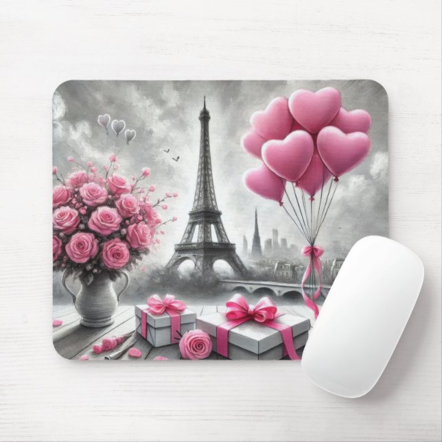 MOUSEPAD CINZA COM FLORES DE DIA DE OS NAMORADOS PINK PARIS (Com mouse)