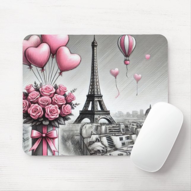 MOUSEPAD CINZA COM FLORES DE DIA DE OS NAMORADOS PINK PARIS (Com mouse)