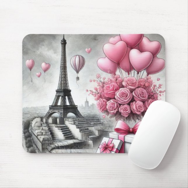 MOUSEPAD CINZA COM FLORES DE DIA DE OS NAMORADOS PINK PARIS (Com mouse)
