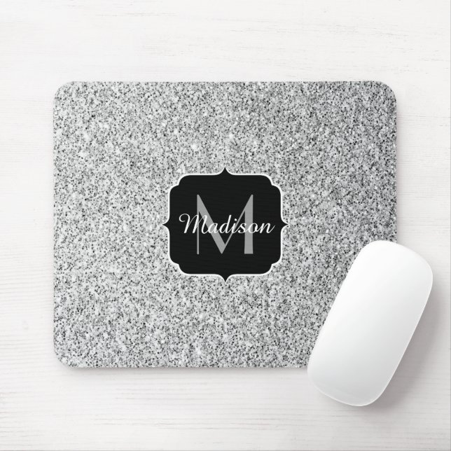Mousepad Cinza de prata brilha por brilho Monograma (Com mouse)