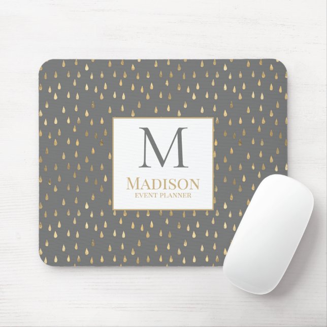 Mousepad Cinza Dourada Raindrop Modern Trendy Monograma (Com mouse)