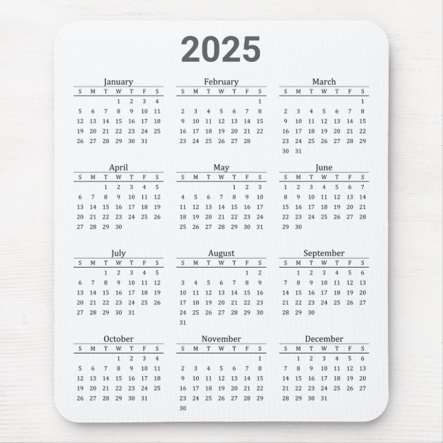 Mousepad Cinza e Branco 2025 - Calendário geral (Frente)
