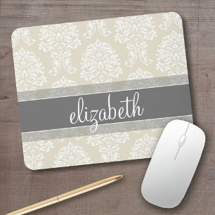 Mousepad Cinza e Cor damasco Linen Vintage com Nome