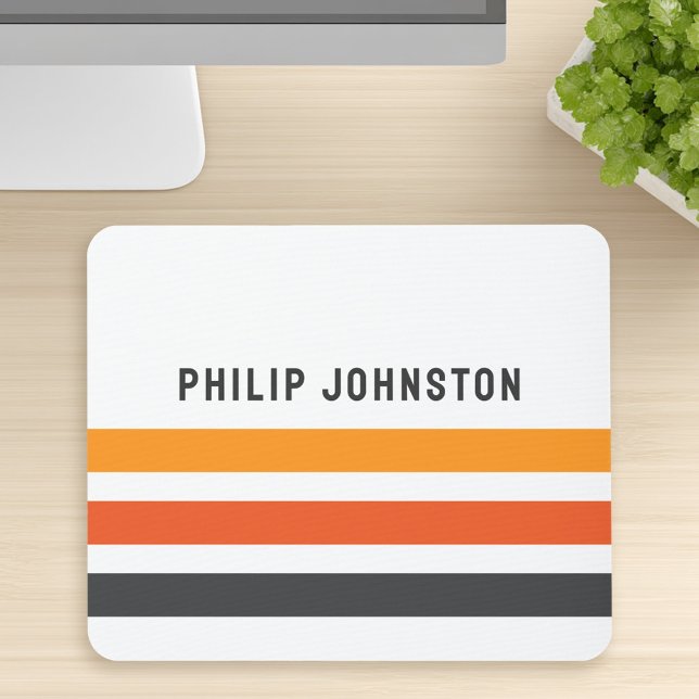 Mousepad Cinza e faixas retrorreflectoras laranja nome pers (Gray and orange retro stripes custom name white mouse pad)