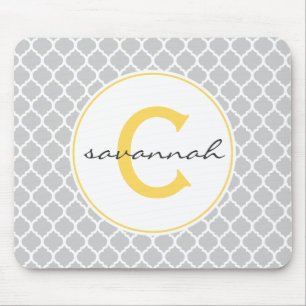 Mousepad Cinza e Monograma de Quatrefoil Amarelo