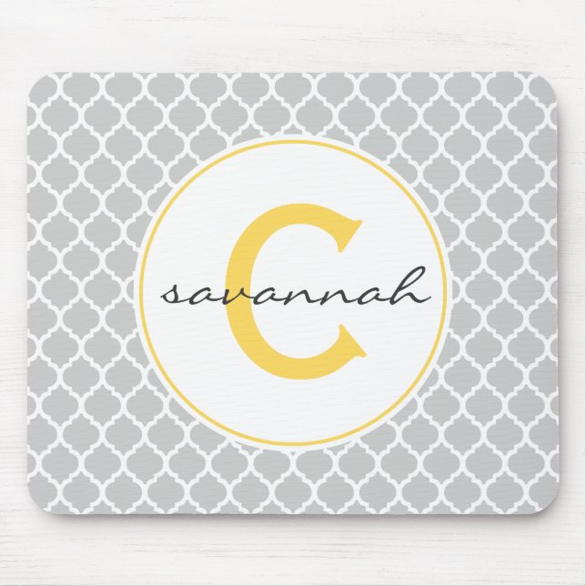 Mousepad Cinza e Monograma de Quatrefoil Amarelo (Frente)