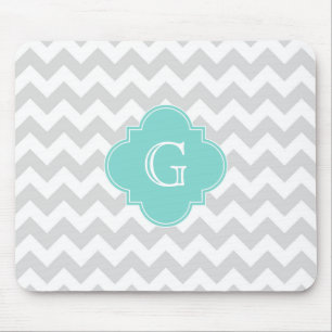 Mousepad Cinza Leve Cevon Branco Aqua Quatrefoil Monograma
