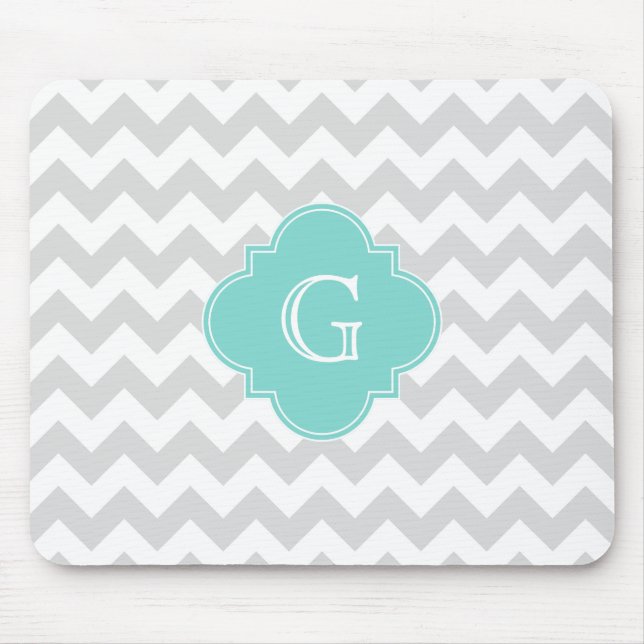 Mousepad Cinza Leve Cevon Branco Aqua Quatrefoil Monograma (Frente)