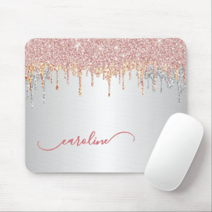 Mousepad Cinza Personalizada Silver Blush Rosa Rosa Dourada
