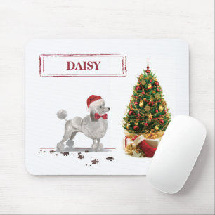 Mousepad Cinza Poodle Engraçado Cachorro de Natal com Árvor