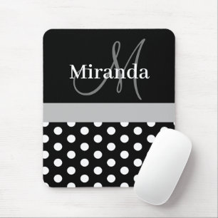 Mousepad Cinza Preto com Mouse de Monograma de Bolinhas Bra