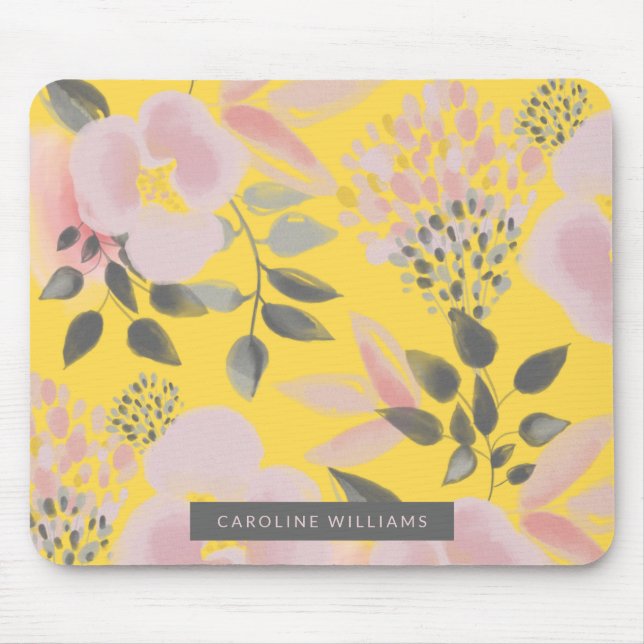 Mousepad Cinza Rosa Amarelo Feminina Floral com Seu Nome (Frente)