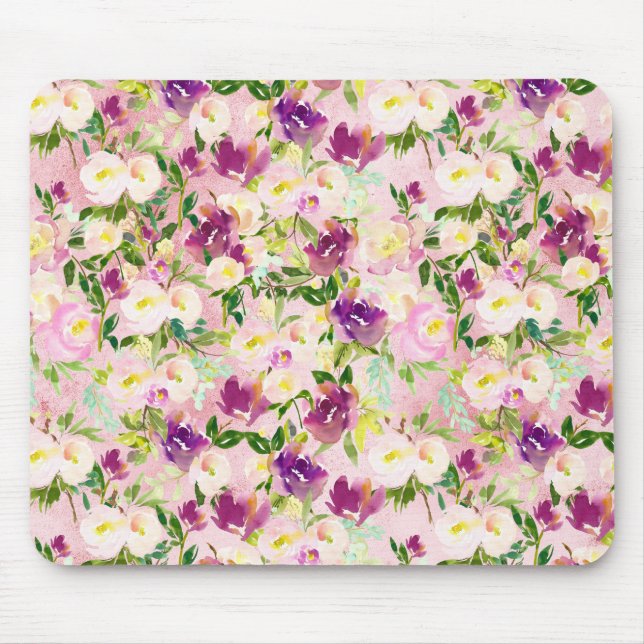Mousepad Cinza Rosa Pêssego Púrpura Borgona Aquarela Floral (Frente)