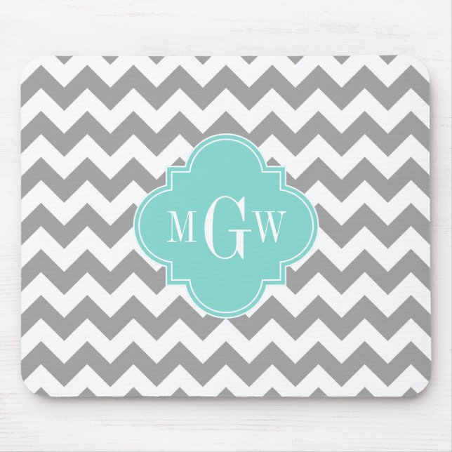 Mousepad Cinza Whevron Aqua Quatrefoil 3 Monograma (Frente)