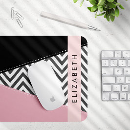 Mousepad Cinza Zigzag, Cinza Chevron, Rosa, Seu Nome