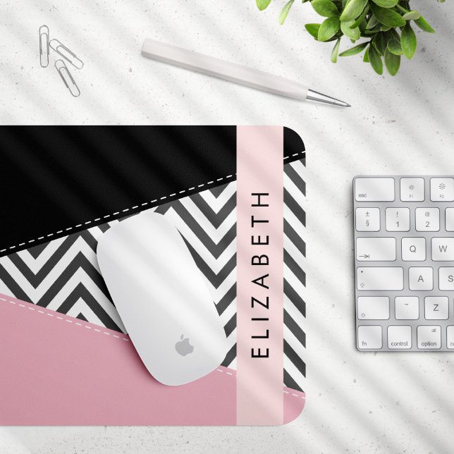 Mousepad Cinza Zigzag, Cinza Chevron, Rosa, Seu Nome (Criador carregado)