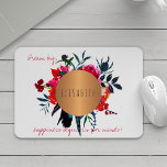 Mousepad Círculo floral de cobre inspirador de palavras e s<br><div class="desc">rosa de camundongos sofisticados,  de na moda cinza,  com uma bela coloração aquosa,  boêmica,  pintada a vermelho,  rosa quente e marinho,  buquês de pénia azul e penas,  e com um círculo de aparência metálica de cobre com seu nome dentro. Personalize-o com seu nome e seu inspirador texto \ citação!</div>