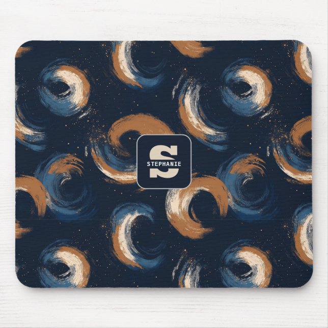 Mousepad Círculo giratório azul e castanho em fundo escuro (Frente)