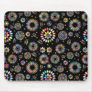 Mousepad Círculos de Flores Coloridas e Brilhantes em Preto