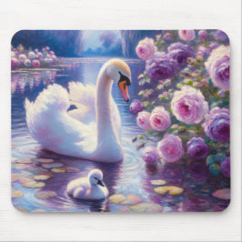 Mousepad Cisne branco e Cygnet com Rosas roxos