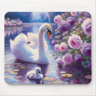 Mousepad Cisne branco e Cygnet com Rosas roxos