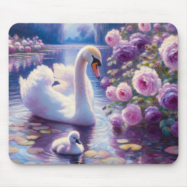 Mousepad Cisne branco e Cygnet com Rosas roxos (Frente)