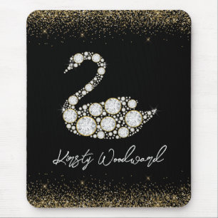 Mousepad Cisne de Diamante Branco Elegante em Fundo Preto