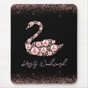 Mousepad Cisne de Pérola Rosa Elegante em Fundo Preto