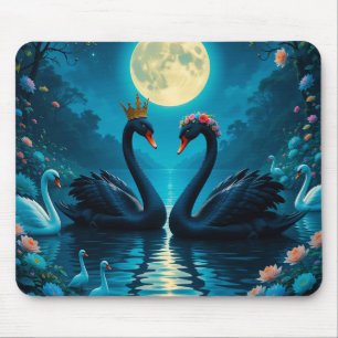 Mousepad Cisnes Negros Elegantes Sob Lua Cheia
