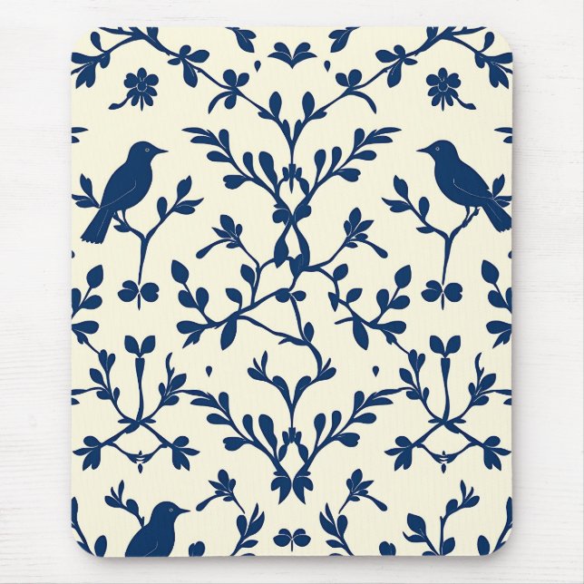 Mousepad Classic Azul Marinho Silhueta de Pássaro Damask To (Frente)