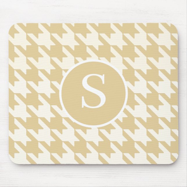 Mousepad Clássico Houndstooth Tan Beige & White Monograma (Frente)
