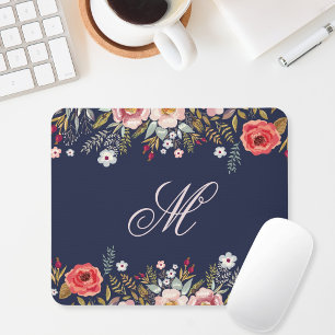 Mousepad Clássico Inicial Personalizado Floral Azul Marinho