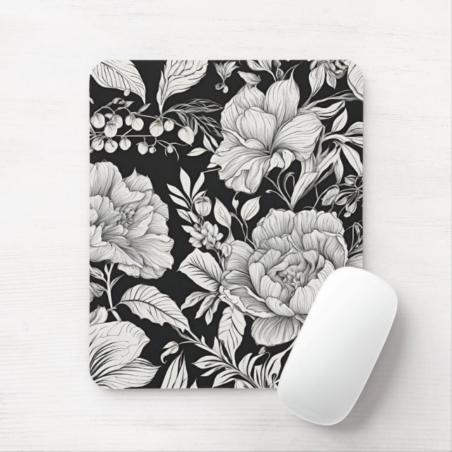 Mousepad Clássico Preto e Branco Floral Vintage (Com mouse)
