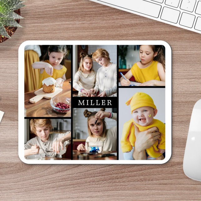 Mousepad Clean Elegant Black White Family 6 Photo Collage (Criador carregado)