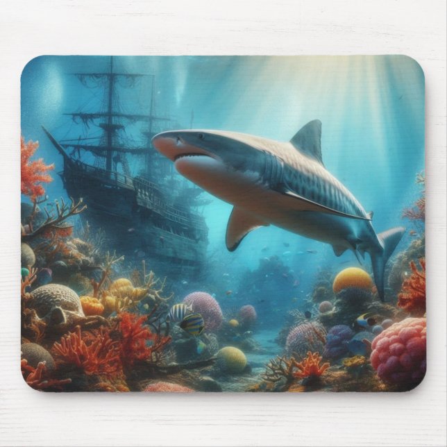 Mousepad Coastal/nautical tiger shark & coral reef (Frente)