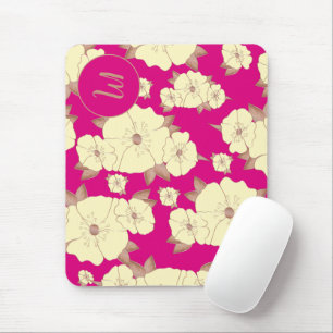 Mousepad Cobre Floral Pastel Amarelo sobre fundo Fuchsia