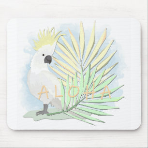 Mousepad Cocato de papagaio branco em folhas de palma.