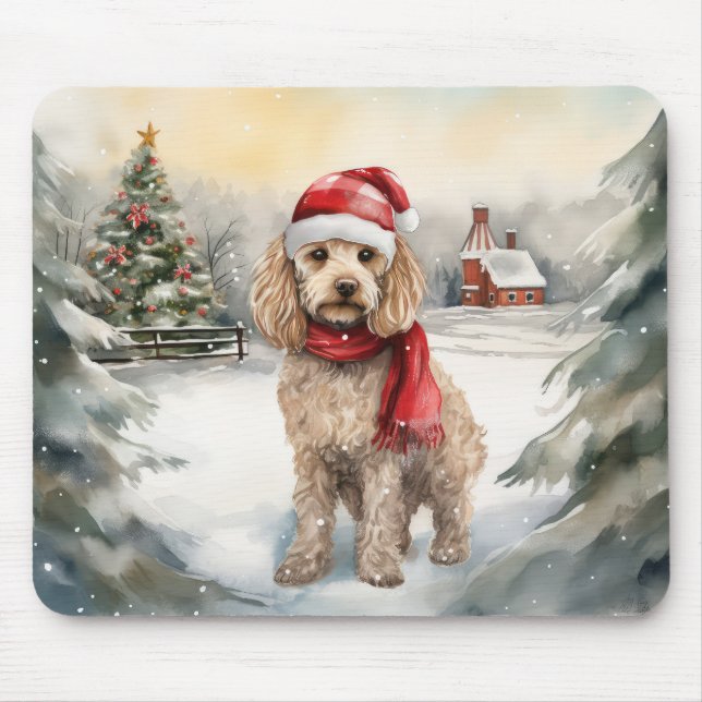 Mousepad Cockapoo Cachorro na Neve Natal  (Frente)