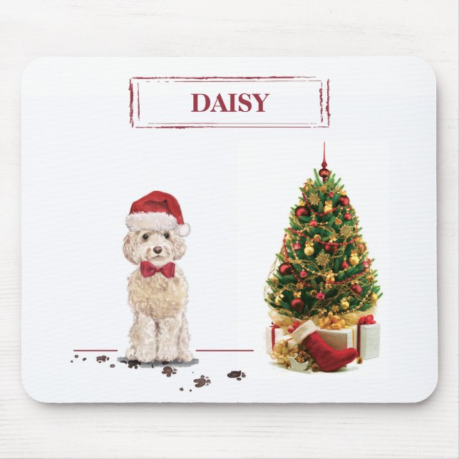 Mousepad Cockapoo Champagne Natal Cão Divertido com Árvore (Frente)