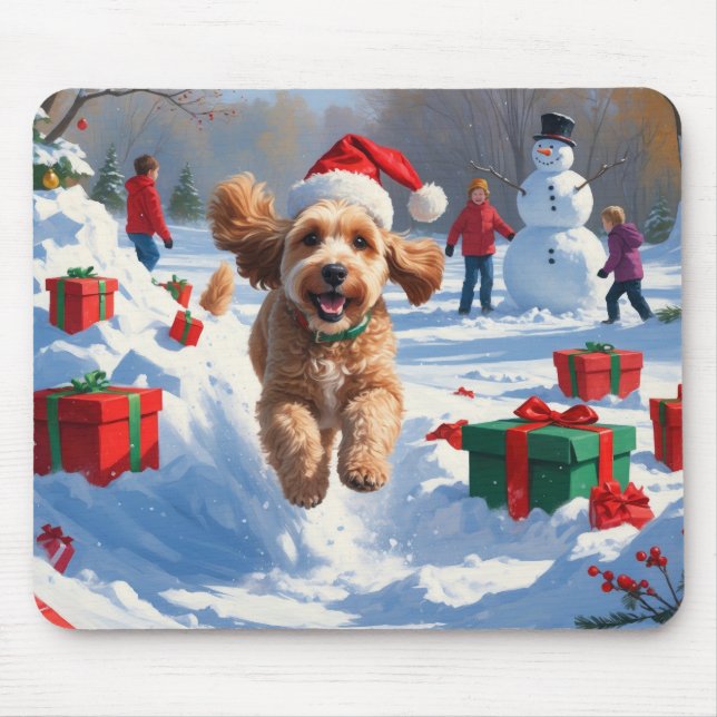 Mousepad Cockapoo correndo em neve com chapéu de Natal (Frente)