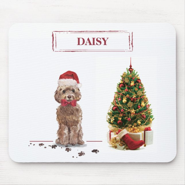 Mousepad Cockapoo Marrom Engraçado Natal Cachorro e Árvore (Frente)