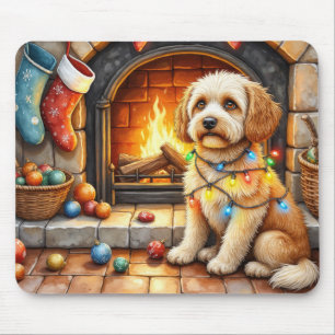 Mousepad Cockapoo Sentado ao Lado da Lareira com Luz de Nat