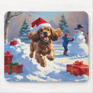 Mousepad Cocker Spaniel correndo em neve com chapéu de Nata