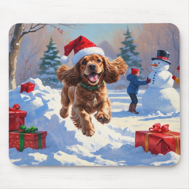 Mousepad Cocker Spaniel Correndo na Neve com Chapéu de Nata (Frente)