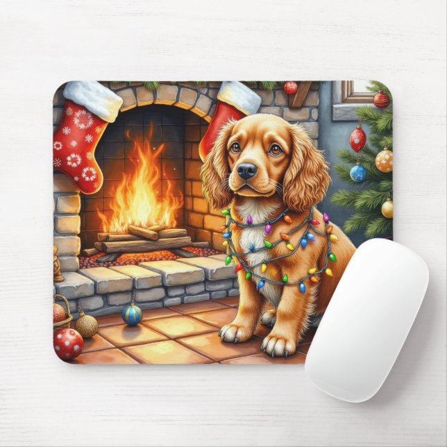 Mousepad Cocker Spaniel junto à Lareira com Luzes de Natal (Com mouse)