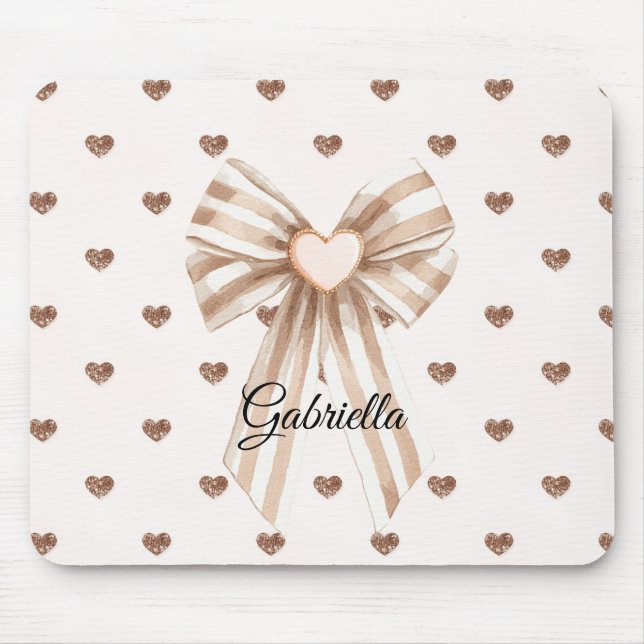 Mousepad Cocoa Creme Laço Bege Rosa Brilho Corações (Frente)