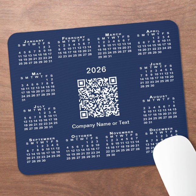 Mousepad Código QR de Calendário 2026 Simples no Marinho Az (Simple 2026 Calendar Business QR Code on Navy Blue Mouse Pad, in situ)
