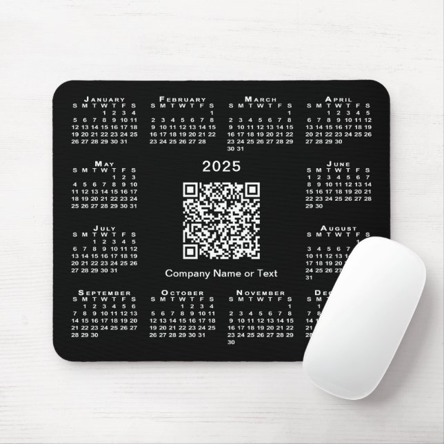 Mousepad Código QR de Calendário de 2025 Simples em Preto (Com mouse)