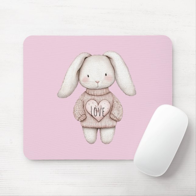 Mousepad Coelhinho Bonito Rosa Suéter de Coração Rosa (Com mouse)